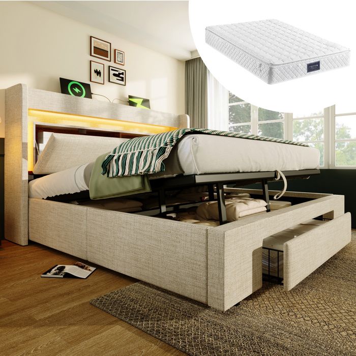 Lit double 160 × 200 cm en lin beige avec LED rangement et matelas