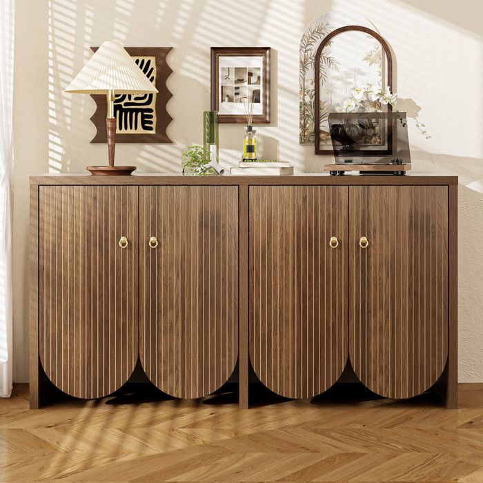 Buffet aspect noyer 147x40x80cm 4 portes étagères réglables poignées en aluminium armoire de rangement salon salle à manger couloir