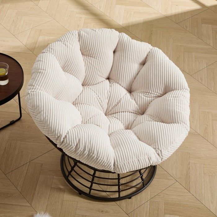 Fauteuil Papasan en osier pivotant 360° ergonomique avec coussin velours Blanc épais salon chambre intérieur extérieur 92x92x67cm Fauteuil Papasan en osier pivotant 360° ergonomique avec coussin velours Blanc épais salon chambre intérieur extérieur 92x92x67cm