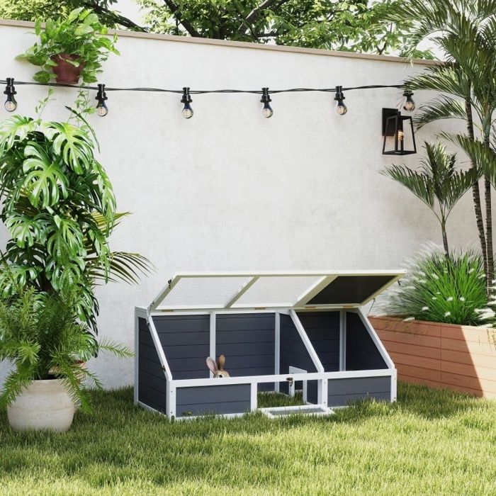 Enclos pour tortue extérieur sans fond avec abri et zone grillagée couvercles ouvrants bois gris clair Grjofek