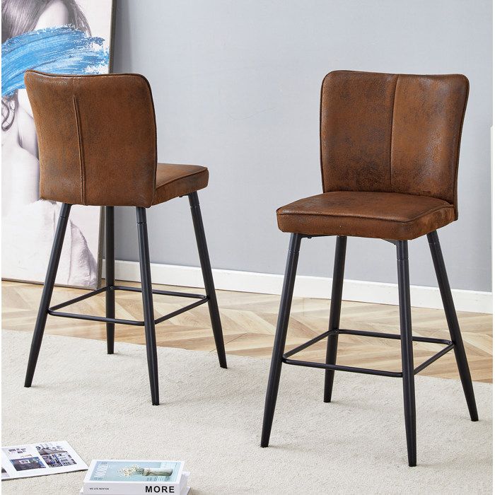 Lot de 2 tabourets de bar en tissu marron et métal noir dossier ergonomique 101 cm repose-pieds