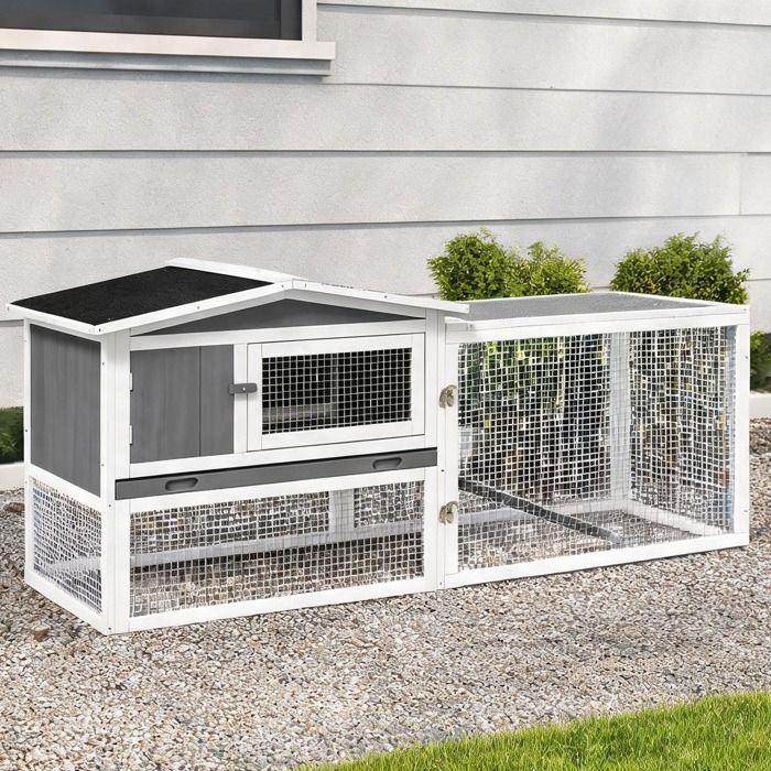 Abri pour lapins en bois de sapin avec toit en asphalte espace extérieur amovible 156 x 58 x 68 cm classic gray