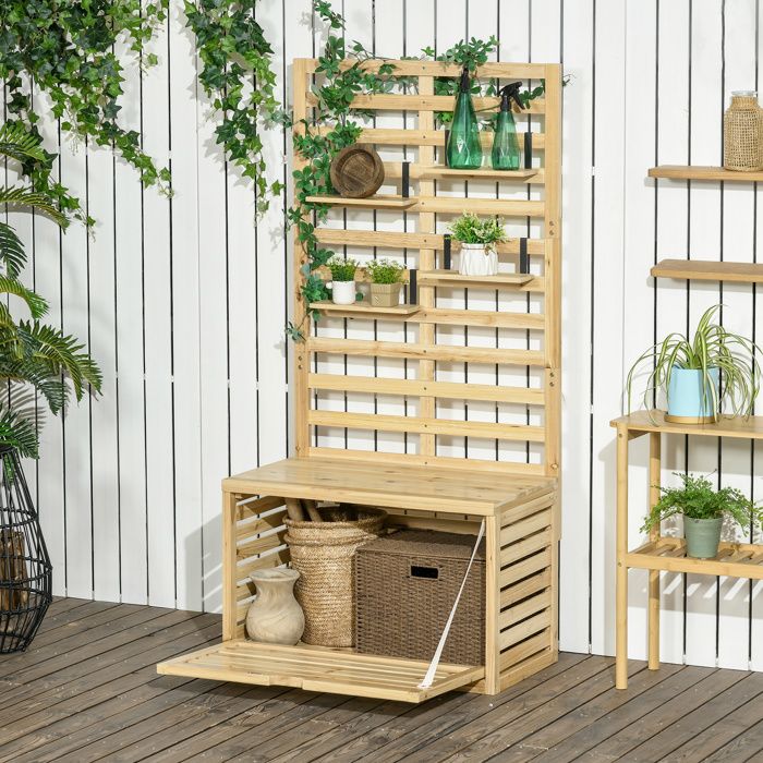 Banc coffre de jardin avec treillis et 4 étagères en bois fermeture magnétique 80 x 45 x 160 cm
