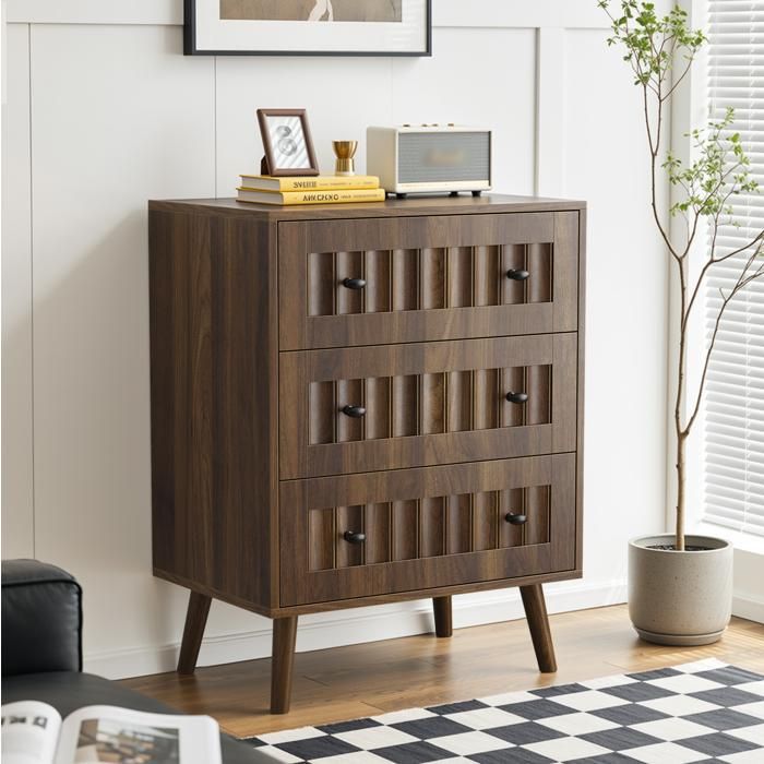 Commode 3 tiroirs 60 x 40 x 79 cm en MDF finition noyer meuble de rangement avec pieds en pin massif