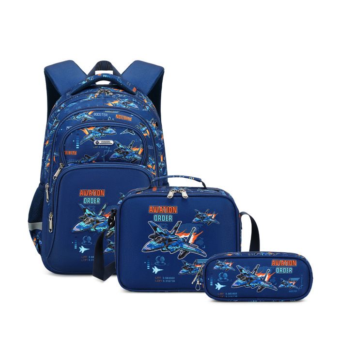 XJYDNCG 3Pcs Cartable Fille Primaire Sac à dos Enfant ScolaireMotif Avion de Combat42x30x15cmBleu