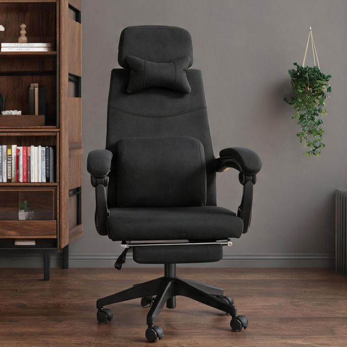 Fauteuil de bureau contemporain avec repose-pied pliable et dossier inclinable revêtement tissu effet lin noir