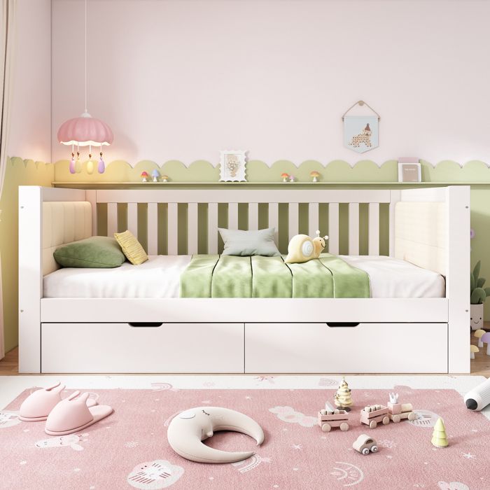Lit banquette - ZEVKOR - 90x200 - 2 tiroirs - Tête de lit velours capitonnée - Blanc