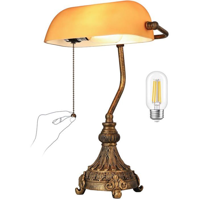 Lampe De Bureau Vintage En Verre Ambré Bureau À Domicile Ou Bibliothèque Interrupteur À Chaîne Et Pr Ampoule Led Incluse