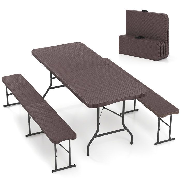 Lot de table pliante 180 cm et bancs pliants effet rotin pour repas en extérieur