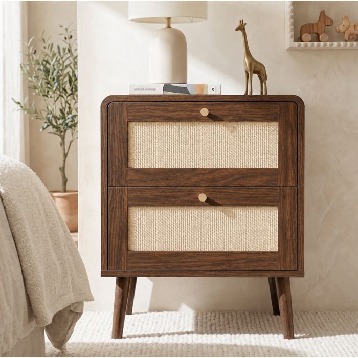 Lot de 2 tables de chevet 2 tiroirs MDF effet rotin PE ton noyer 48 x 40 x 59 cm