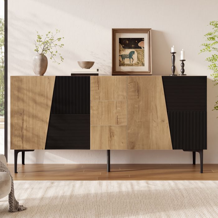Buffet à 4 portes et 3 tiroirs avec pieds en fer forgé adapté salon et salle à manger finition imitation bois+noir 160x40x80 cm