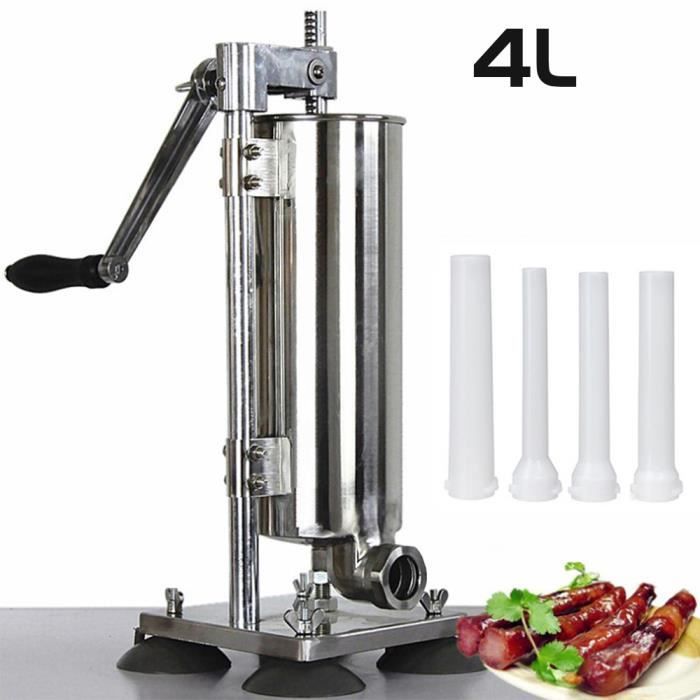 Poussoir à Saucisses Manuel Vertical 5L - Acier Inox - 4 Tubes (16-38mm) - 2 Vitesses - Pour Charcuterie Maison