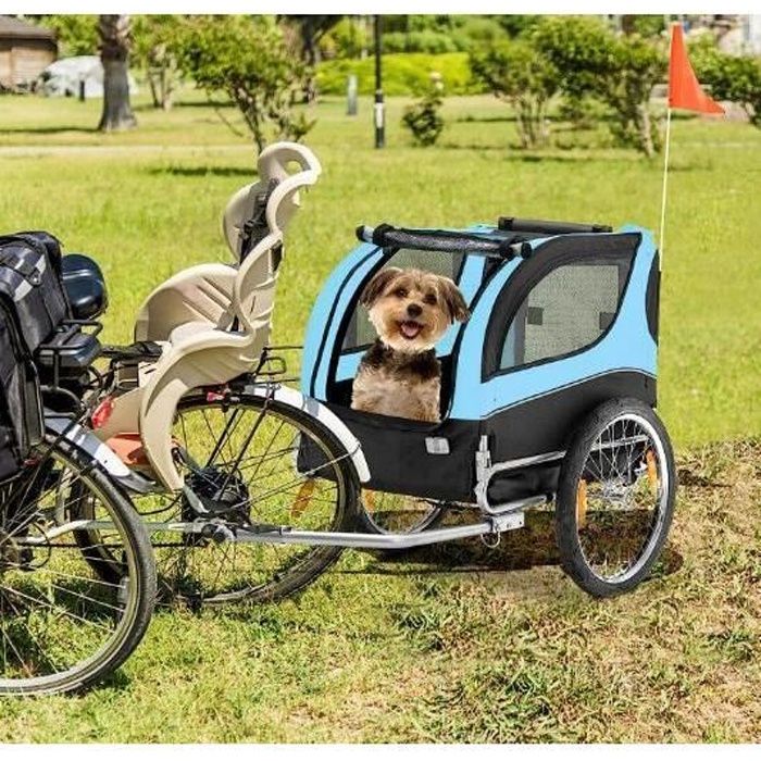 GYMAX Remorque de Vélo Pliable pour Chien et Chat Moyennes et Petits avec Roues Universelles, 3 Portes Zippées et Pare-Brise, Bleu