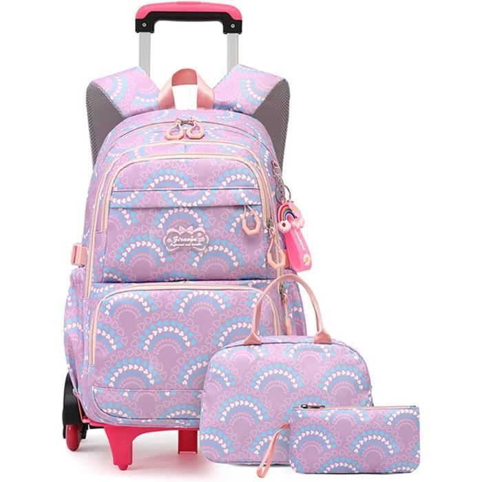 cartable à roulette fille primaire sac à dos pour enfant avec lunch box et trousse pour quotidien et voyage 3-12 ans, violet
