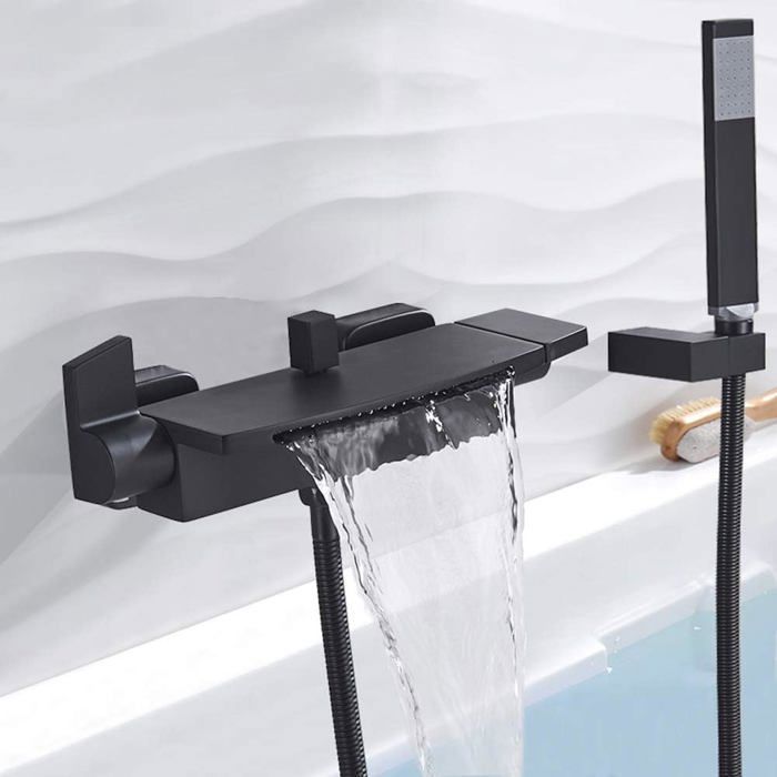 Robinet De Remplissage De Baignoire Mural A Cascade Avec Douche A Main Salle De Bains A 2 Poignees En Laiton Massif Noir Mat Achat Vente Douchette Flexible Robinetterie De