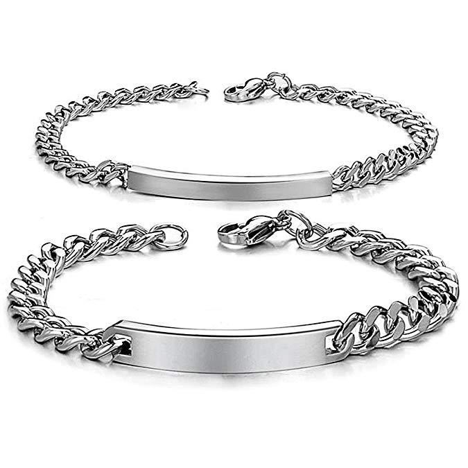 Bracelet Couple Gourmette Chaîne Acier Inoxydable Argent Zircon Saint-Valentin