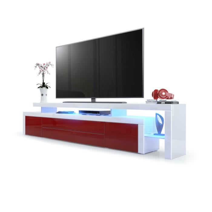 vladon meuble tv bas leon v3, corps en blanc haute brillance - façades en bordeaux haute brillance avec une bodure en blanc haute