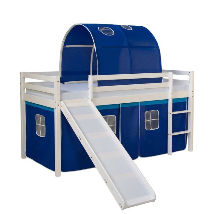 lit mezzanine pour enfant avec sommier toboggan tunnel rideau modèle bleu 90x200 cm lit06186
