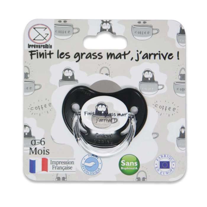 Sucette d'annonce physiologique 0-6 mois - Fini les grass mat j’arrive - pour annoncer votre grossesse de façon originale
