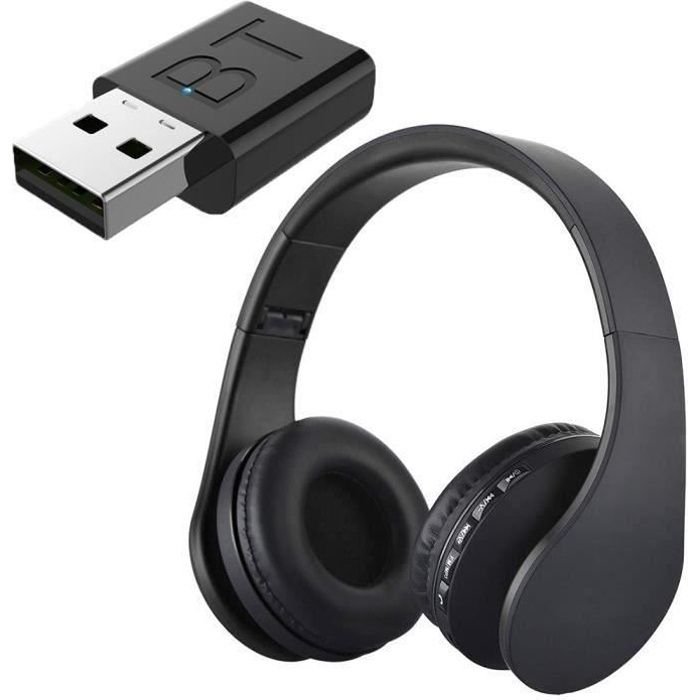 Casque audio Casque TV sans fil Rechargeable multifonction Bluetooth casque Ecouteur avec radio fm transmetteur pour TV PC - Black