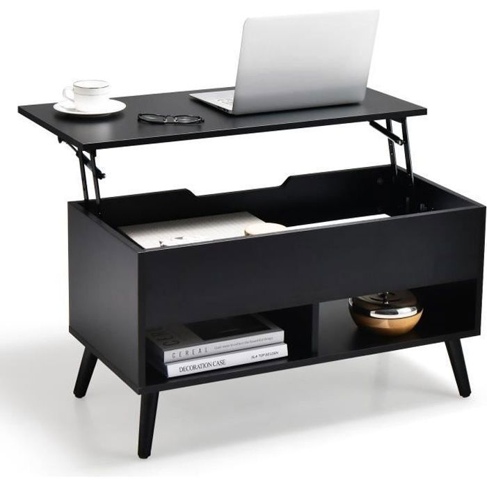 COSTWAY Table Basse avec Plateau Relevable Table de Salon Moderne avec Rangement Caché 2 Compartiments Ouverts 80x40x445-58CM Noir