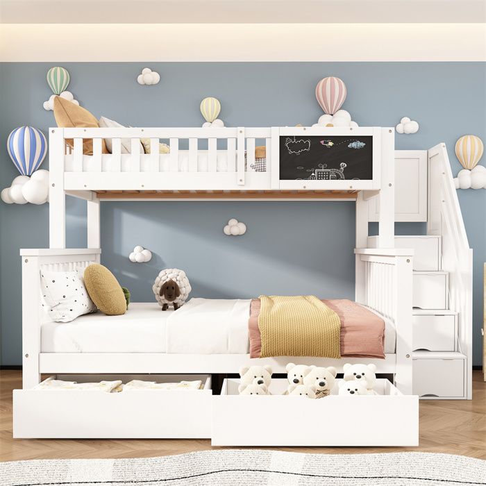 DRIPEX Lit Superposé 90×200cm / 140×200cm avec deux tiroirs et tableau pour enfants lit enfant avec escaliers de rangement Blanc
