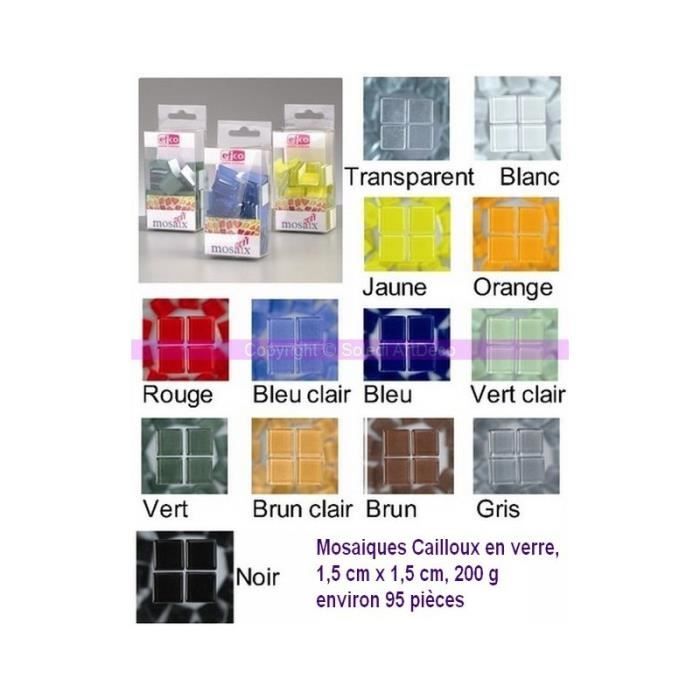 Mosaiques Cailloux en verre, 1,5 cm x 1,5 cm, 200 g - Blanc,Jaune,Orange,Rouge,Bleu clair,Bleu,Vert clair,Vert,Brun,Noir,Brun cla...