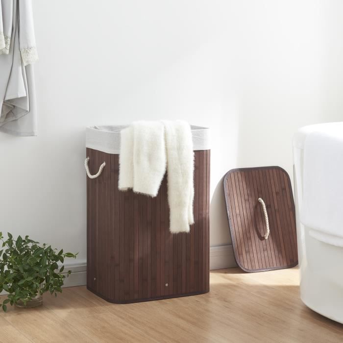 Panier à linge 72 litres Salla en bambou 60 x 40 x 30 cm marron gris clair