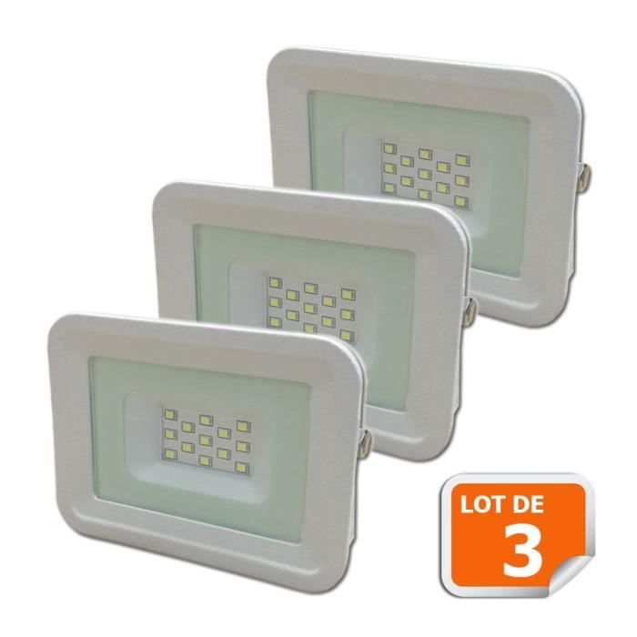 Lot De 3 Projecteurs LED 10W Extra Plats - Noir - 6000K Blanc Froid - IP65 Étanche