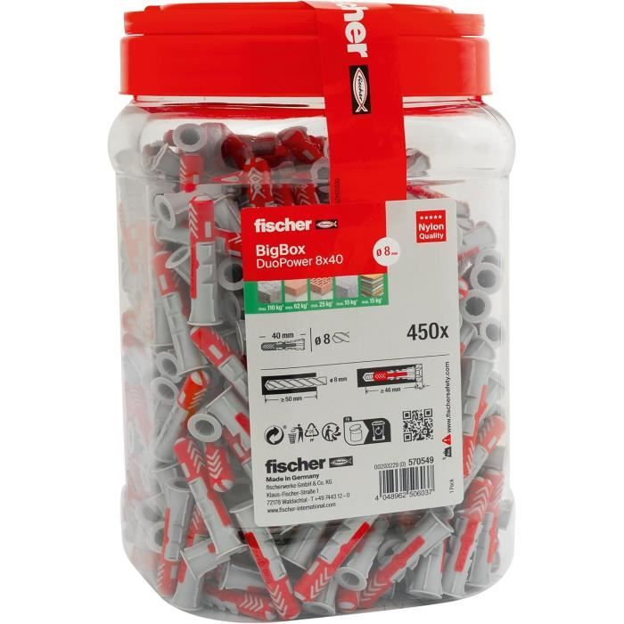 Chevilles universelles fischer DuoPower 8x40 450 pièces Nylon Tous matériaux