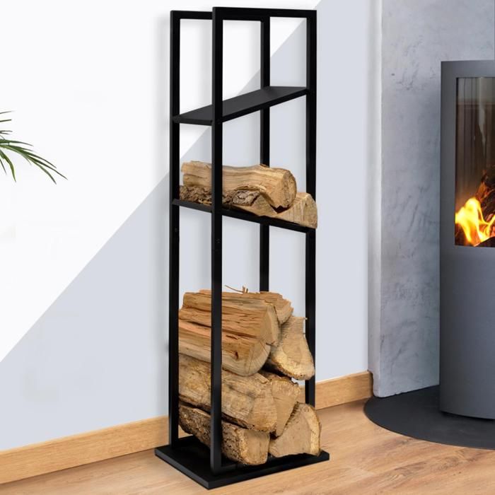 IDMARKET Range bûches vertical acier noir avec 2 étagères H.112 CM pour cheminée