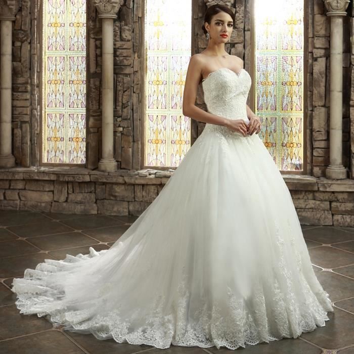 Nouveaute 2016 Robe De Mariee Mariage Longue Traine Bustier Forme Princesse Tutu Dentelle Tull Haute Couture Manuel Elegant Blanc Blanc Achat Vente Robe De Mariee Cdiscount