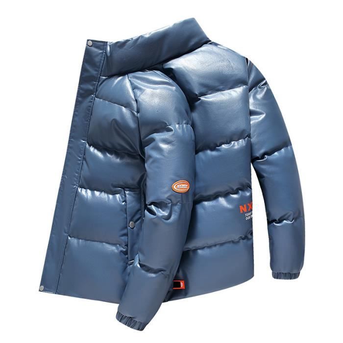 Doudoune Homme Simili Cuir Col Montant Epaise Chaud Hiver Couleur