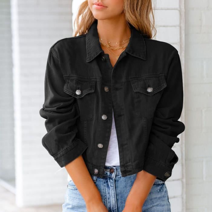 Veste pour femmes Printemps et automne Veste en jean Veste a manches longues Top Noir Noir Cdiscount Pret a Porter