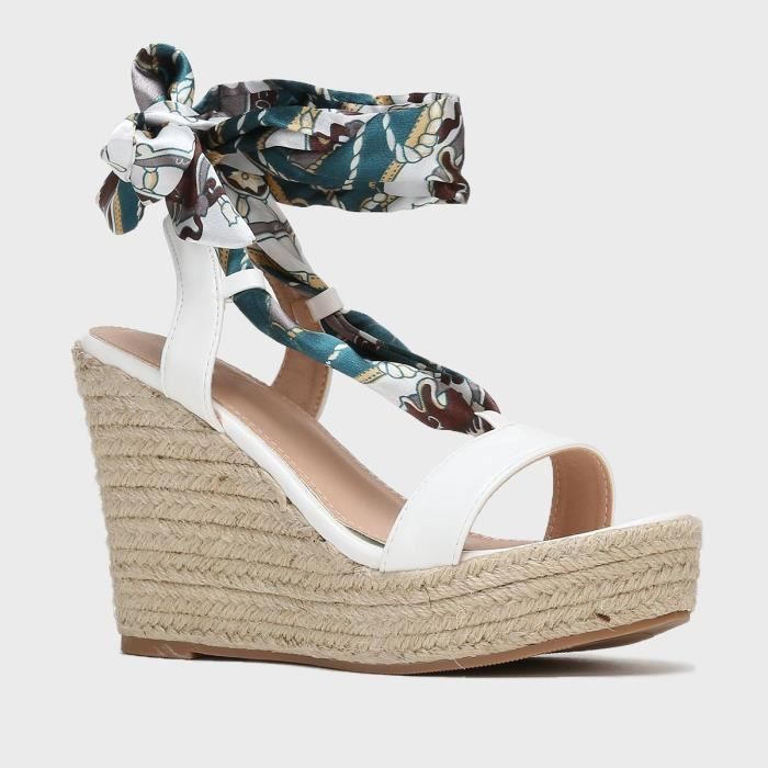 Sandales compens es LA MODEUSE Blanc Ruban satin et imprim