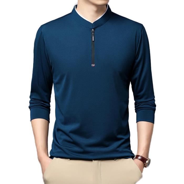 Polo Col à Fermeture Éclair Homme Manches Longues Couleur Unie Tissu ...