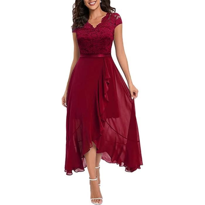 Robe de Soiree Longue Femme Ambre rouge Col V Asymetrique Mousseline de Soie