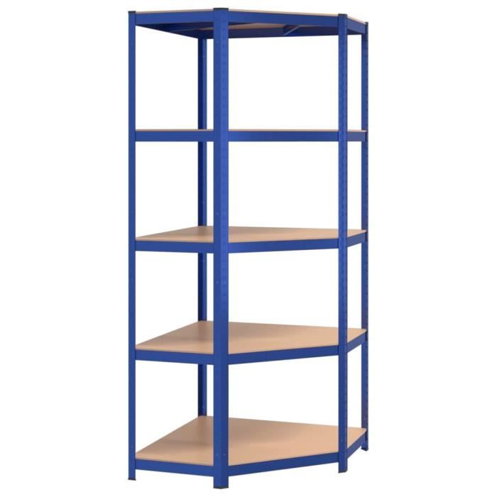 omabeta étagères industrielles - étagère d'angle à 5 niveaux bleu acier et bois d'ingénierie - meubles haut de gamme - m00373