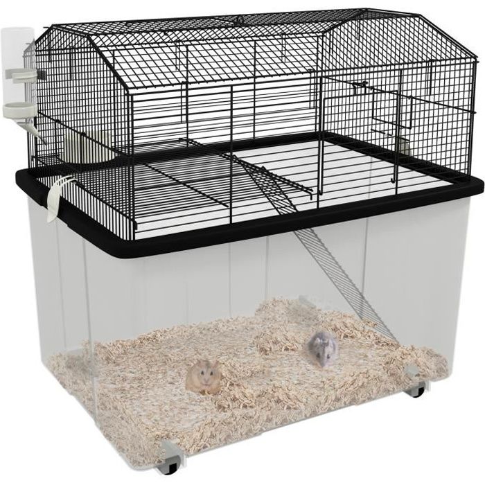 Cage rongeur hamster 2 étages - roulettes, plateforme, échelle, accessoires - PP transparent acier noir
