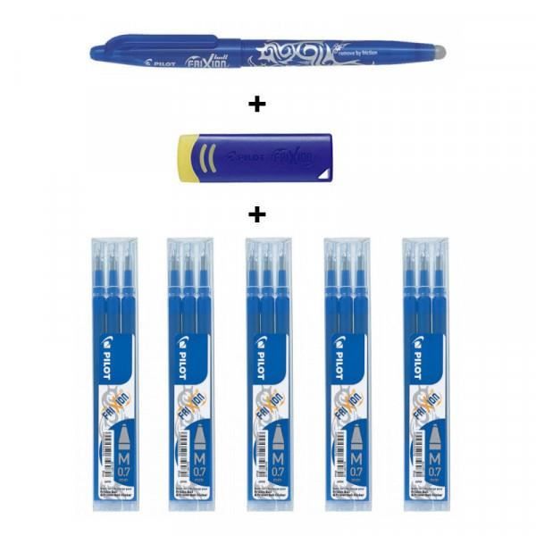 Stylo FriXion Bleu Bonus Pack gomme 5 étuis de 3 recharges pointe moyenne  bleu