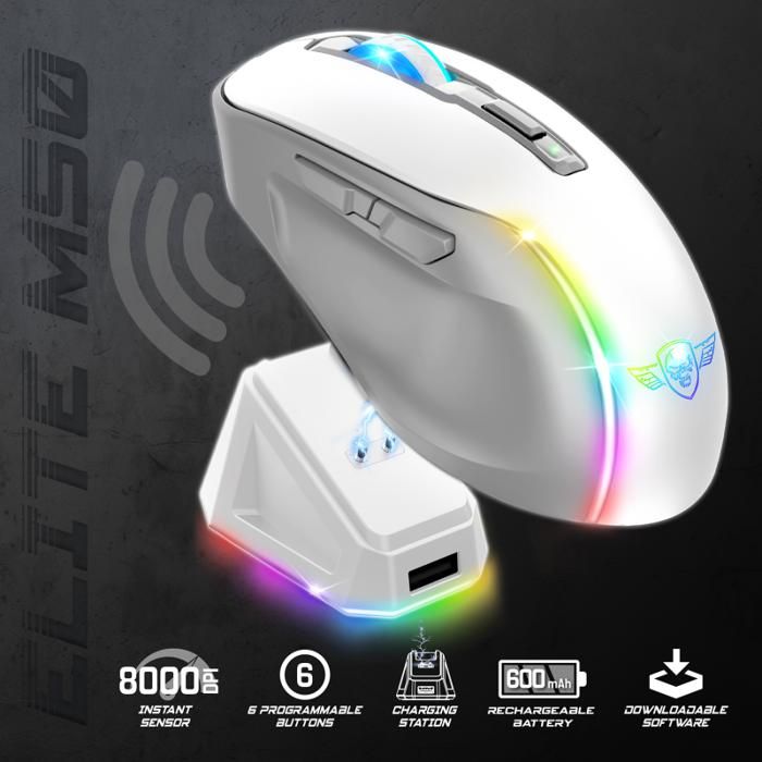 Souris sans fil avec socle de recharge - Blanche - Gaming - ELITE-M50 - LED - Personnalisable - Boutons programmables