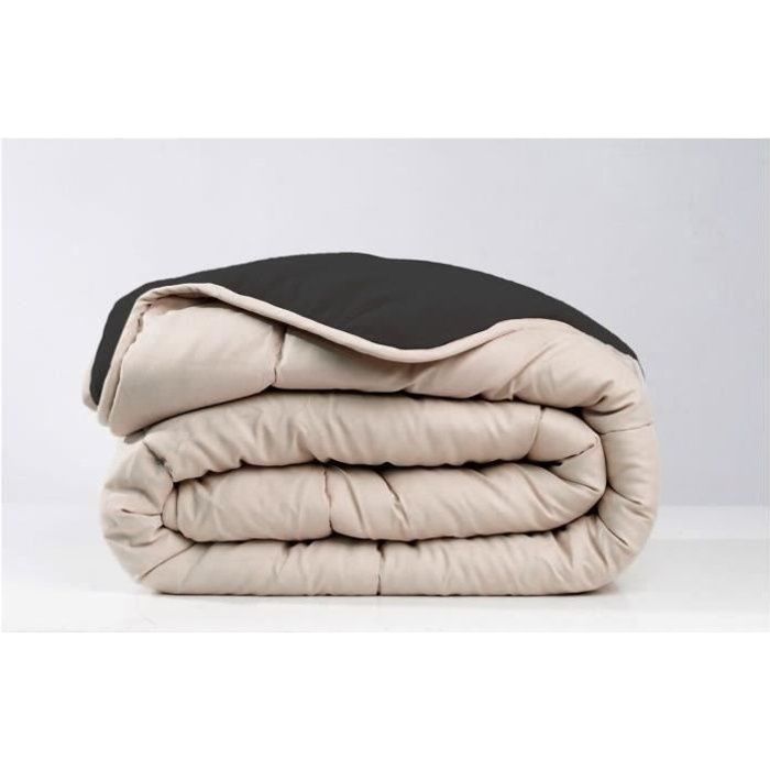 Couette 220x240 cm TODAY - 2 personnes - Bi matière : en flanelle et polyester - Noir et beige