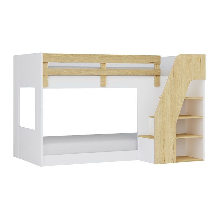 Lit superposé 90 x 190 cm - Avec rangements - Coloris : Blanc et naturel - NAROJAS