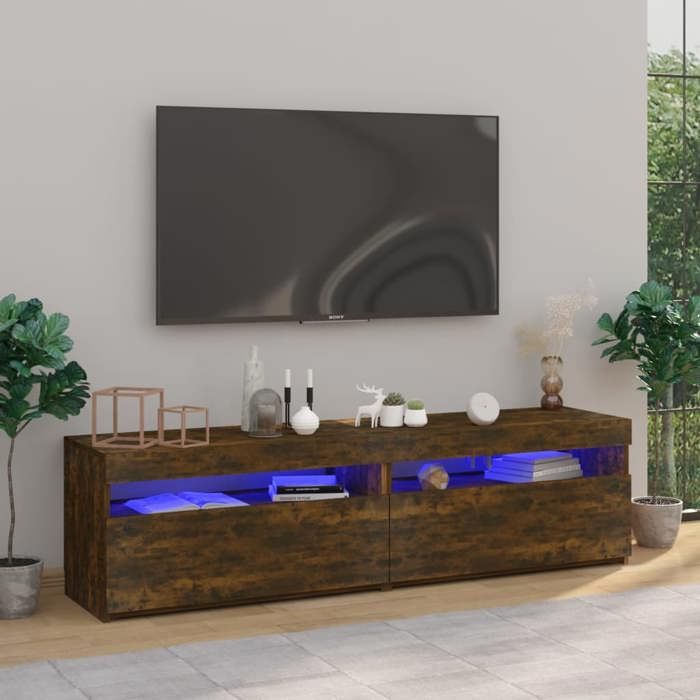 Meuble TV 2 éléments Avec éclairage LED Intégré - Chêne Fumé, 120 Cm, Rangements Et Ambiance Lumineuse