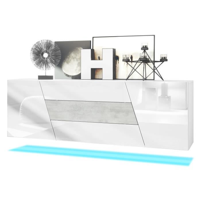 Buffet Houston VLADON - 2 portes 3 tiroirs - Blanc brillant - Aspect béton oxyde - LED inclus Buffet Houston VLADON - 2 portes 3 tiroirs - Blanc brillant - Aspect béton oxyde - LED inclus