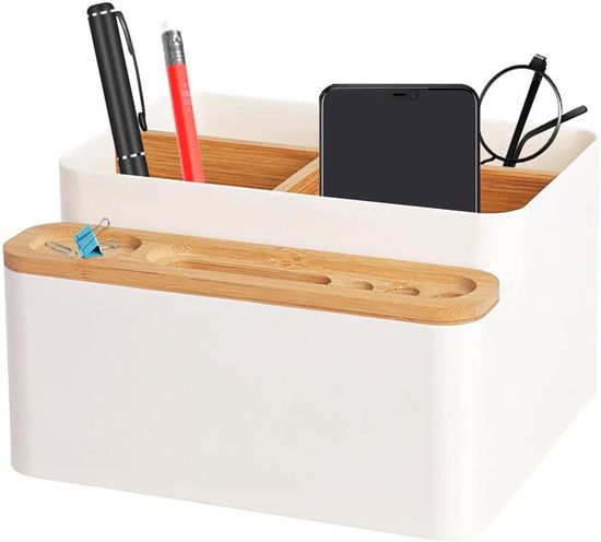 Organiseur Bureau Bois 5 Compartiments - Avec Porte-stylos, Rangement Cosmétiques, Smartphone