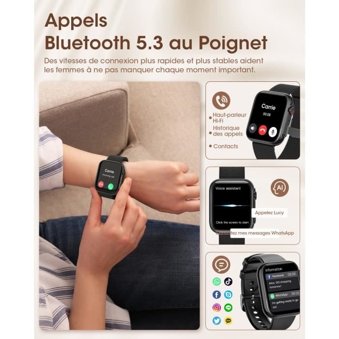 NAIXUES Montre Connectee Femme avec Appel Bluetooth 1.85 HD Fonction Femelle SpO2 120 Sports Sommeil Podometre IP68 Noir Cdiscount Telephonie