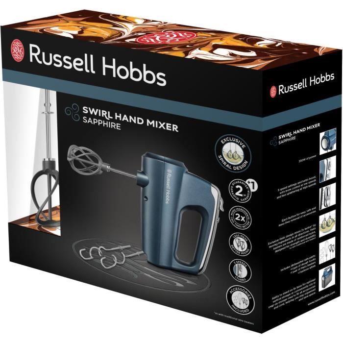 Russell Hobbs Batteur Electrique Cuisine [Design premium] Noir Mat (2  Fouets Hélice, 2 Crochets Pétrin, 5 Vitesses, Turbo, Ergonomique, 350W