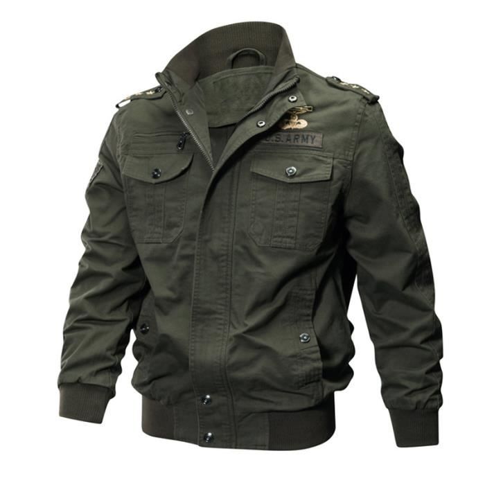 Blouson Homme Coton Manteau de Moto Bomber Veste Jacket Decontracte Printemps automne Blouson de Sport Armee verte