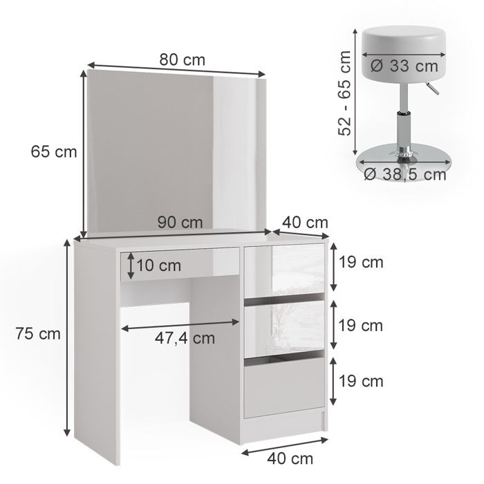 Vicco Ensemble table de maquillage avec tabouret Sherry, Grijs, 120 cm avec miroir LED